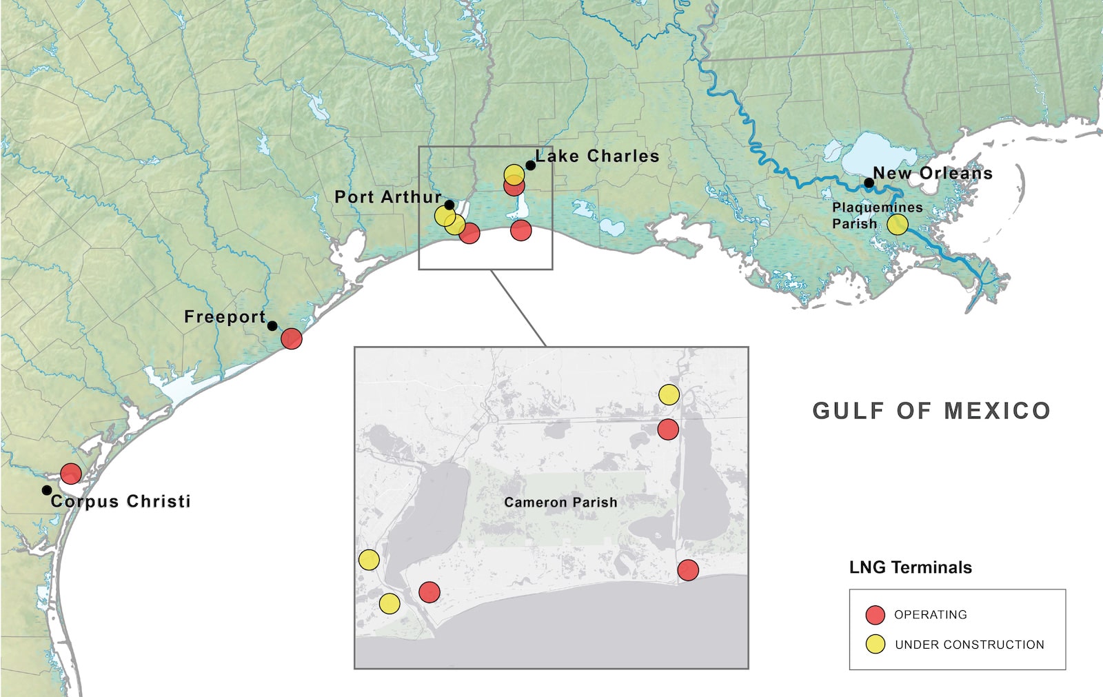 a map of the gulf coast showing LNG terminals
