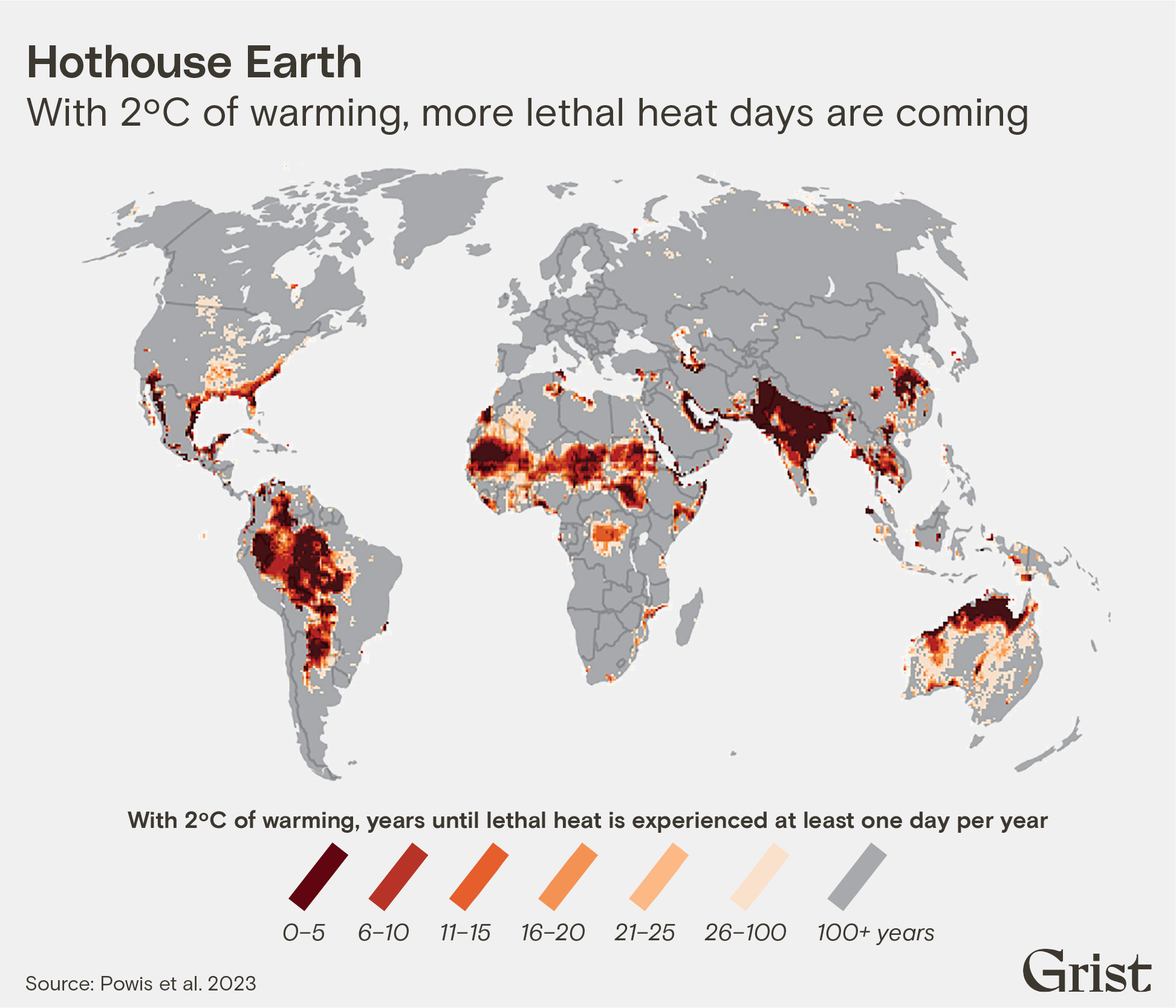 A global map showing the number of years until lethal heat is experienced at least one day per year once the world has warmed 2ºC on average. Areas at high risk include the equatorial region, much of South America, and northern Australia.