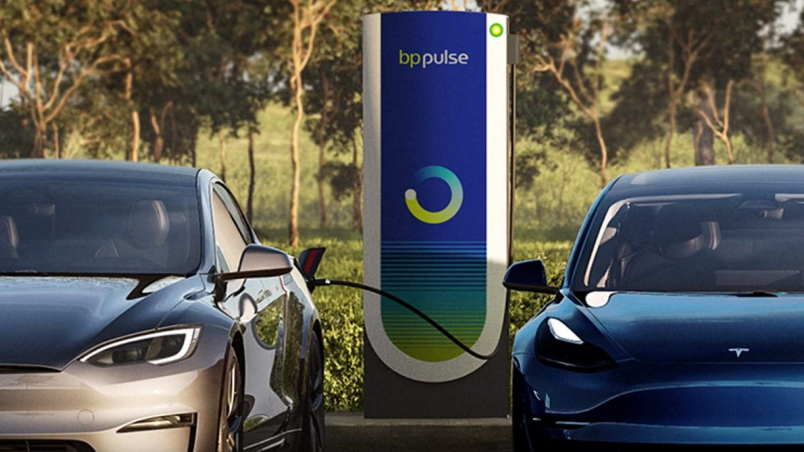 a BP Pulse EV charging station charges two Teslas