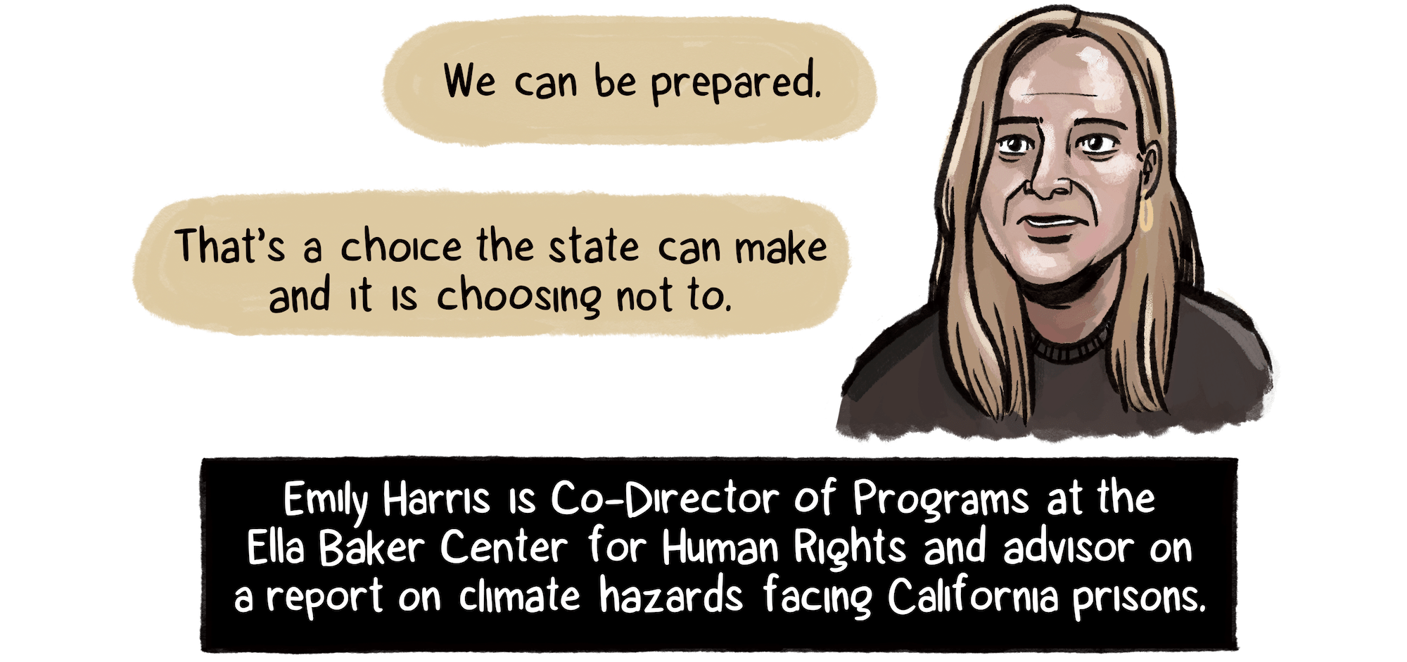 “It’s very clear that people in prison are distinctly vulnerable,” says Emily Harris, Co-Director of Programs at the Ella Baker Center for Human Rights. Harris, a woman with long blonde hair and light skin tone, is an advisor on a report about climate hazards facing California prisons.