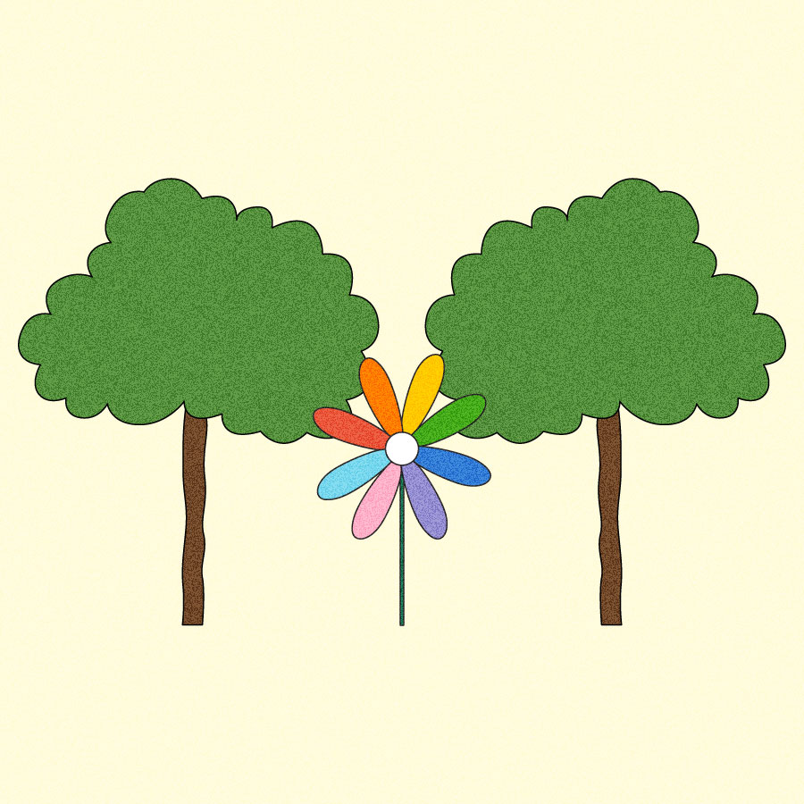 Illustration of rainbow flower between two trees