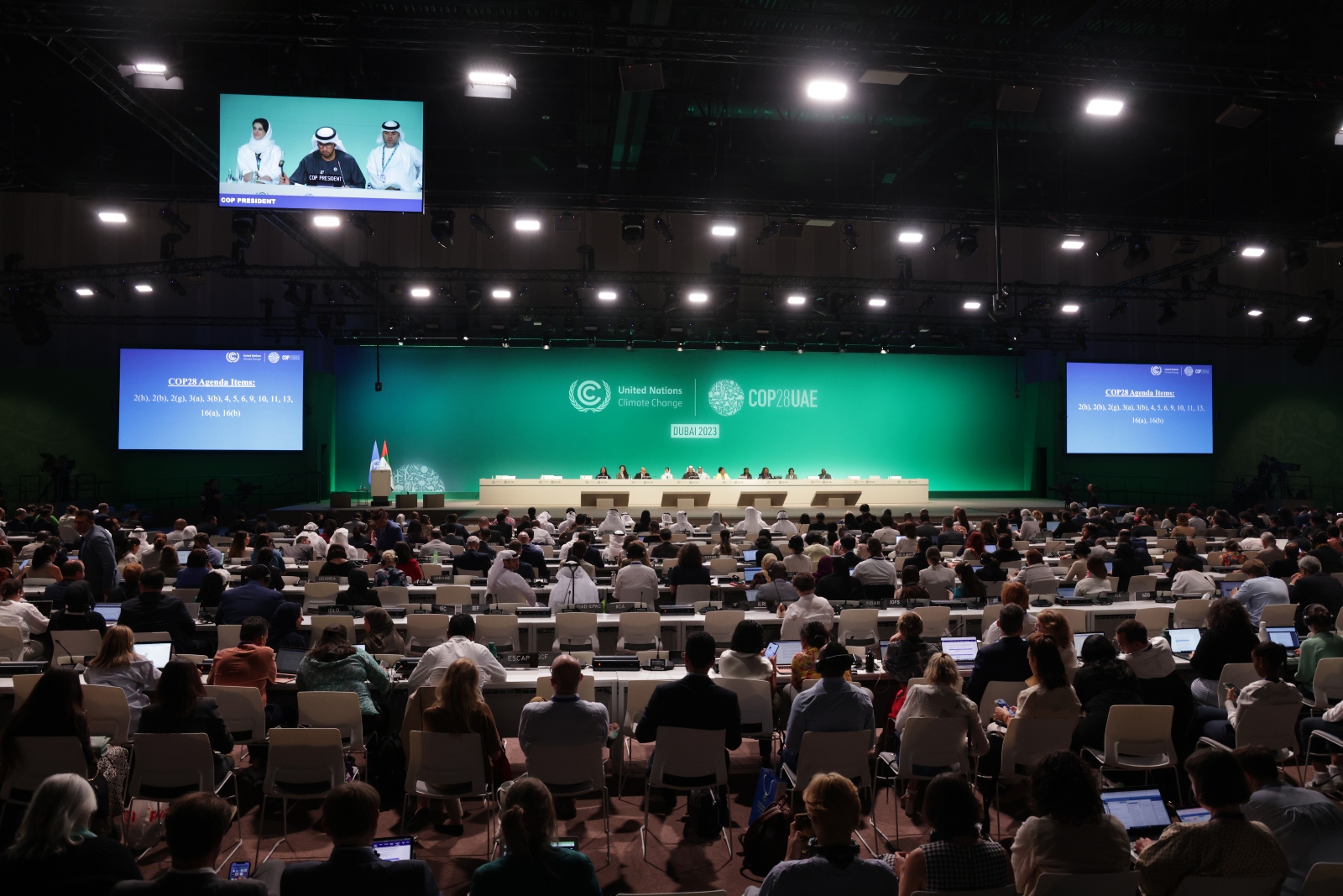 Sultan Ahmed Al Jaber, the president of the COP28 climate conference, speaks a plenary session on December 11. The conference has entered its final phase with key issues such as adaptation still unresolved.