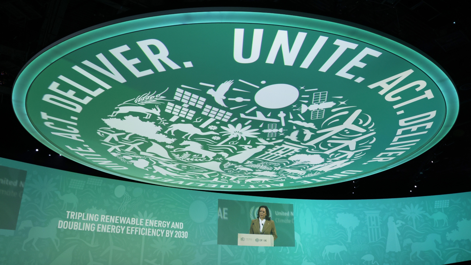 Kamala Harris, Vice President of the United States of America, speaks at a forum on increasing global renewable energies capacity and efficiency during day two of the high-level segment of the UNFCCC COP28 Climate Conference at Expo City Dubai on December 02, 2023 in Dubai, United Arab Emirates.